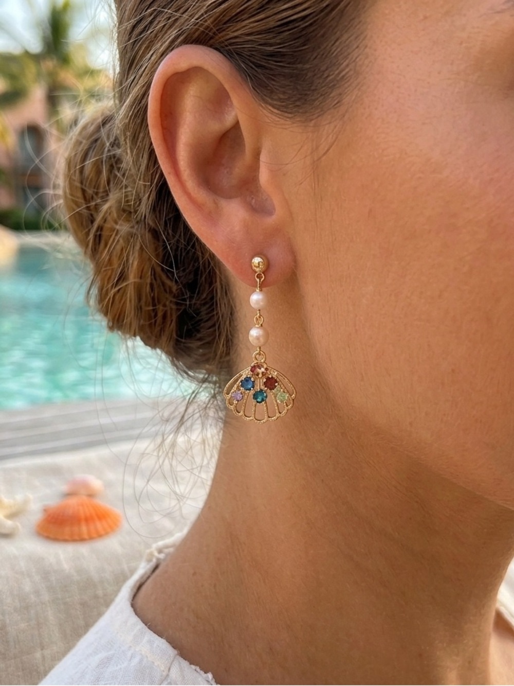 Genuine Pearl & Rhinestone Seashell Earrings in 14k Gold Plated Sterling…